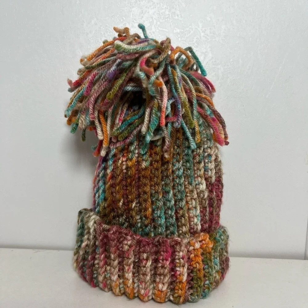 Handmade Kids Chunky Knit Beanie Multi Color Space Dye Shaggy Pom Pom Winter Hat